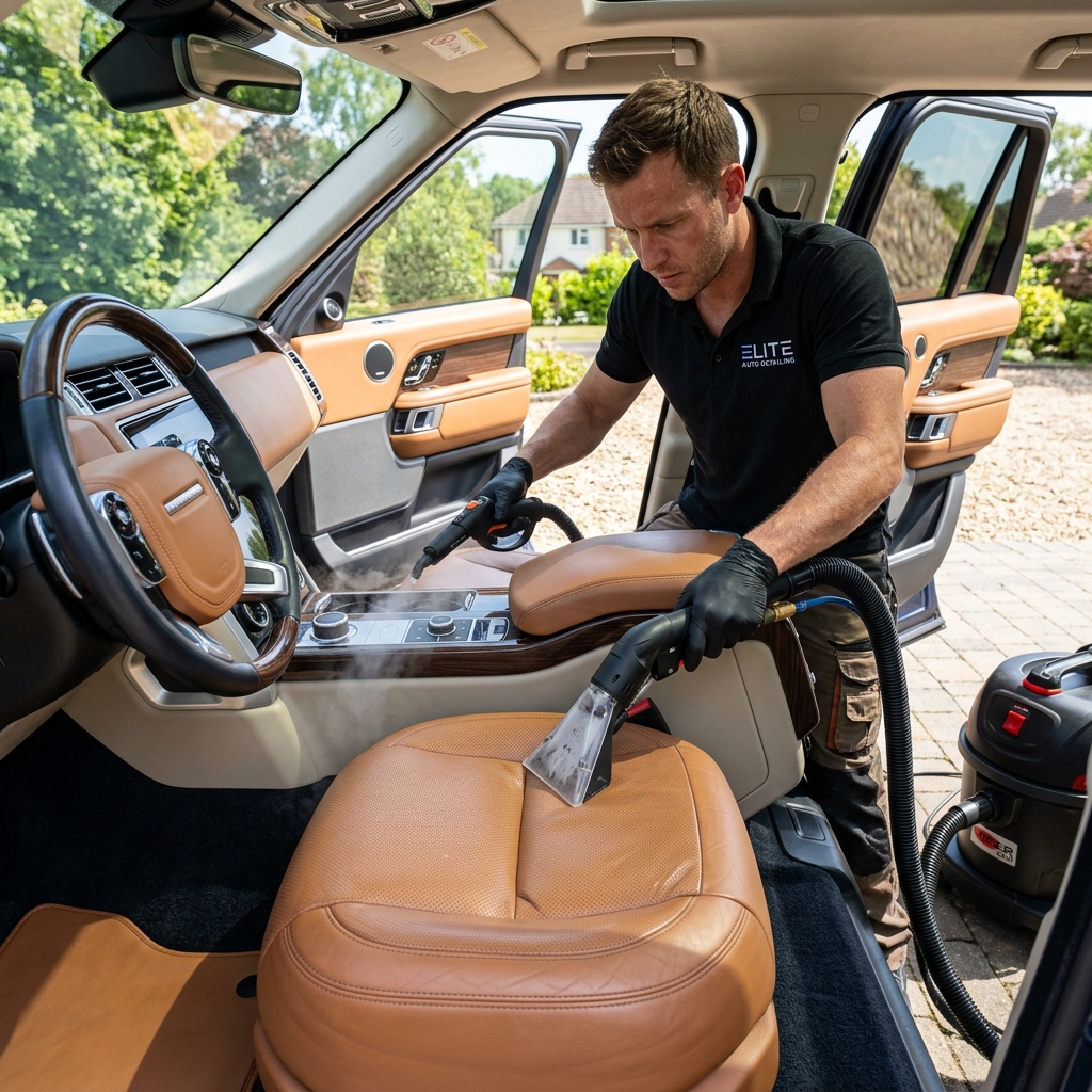 Deep extraction vacuum and steam cleaner on luxury leather interior
